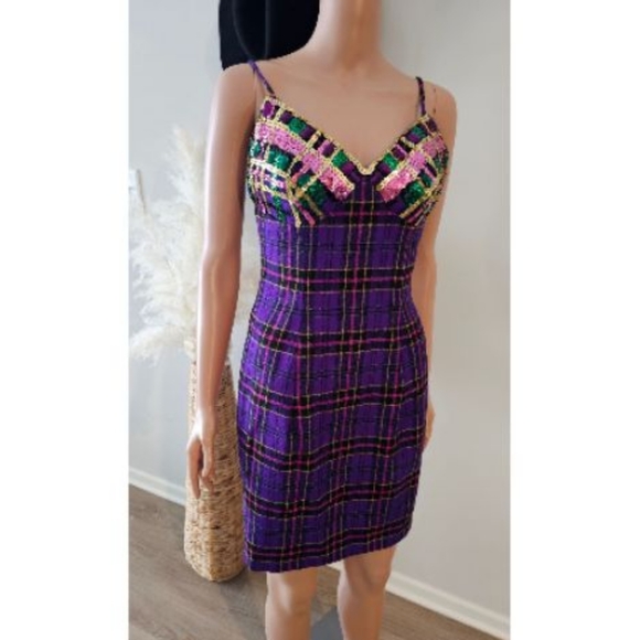 Dana Deatherage 80'/90' Vintage Jewelry Purple Plaid Strapless Mini Dress - Picture 1 of 4
